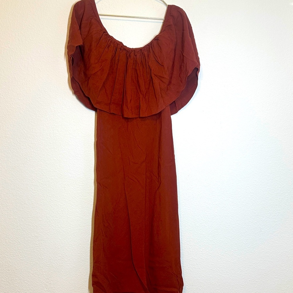 Zara Off Shoulder Linen Blend Ruffle Maxi  Rust Dress Small - Picture 2 of 14